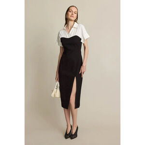 Toccin Collared Shirt Dress Button Down Short Sleeve Slit Midi Black Sz 2
